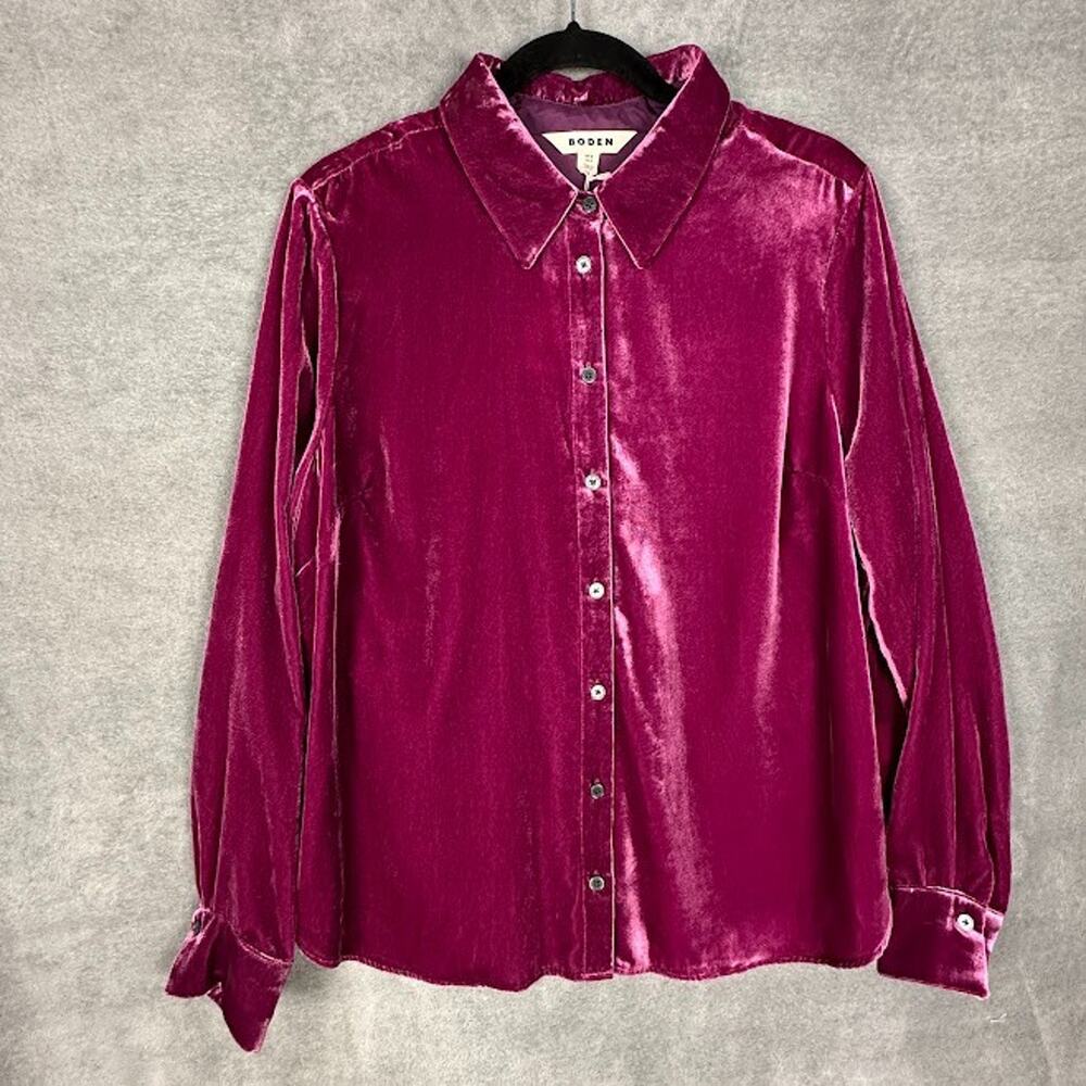Boden Top Womens 14 Purple Velvet Button Down Long Sleeve Chic Party Preppy